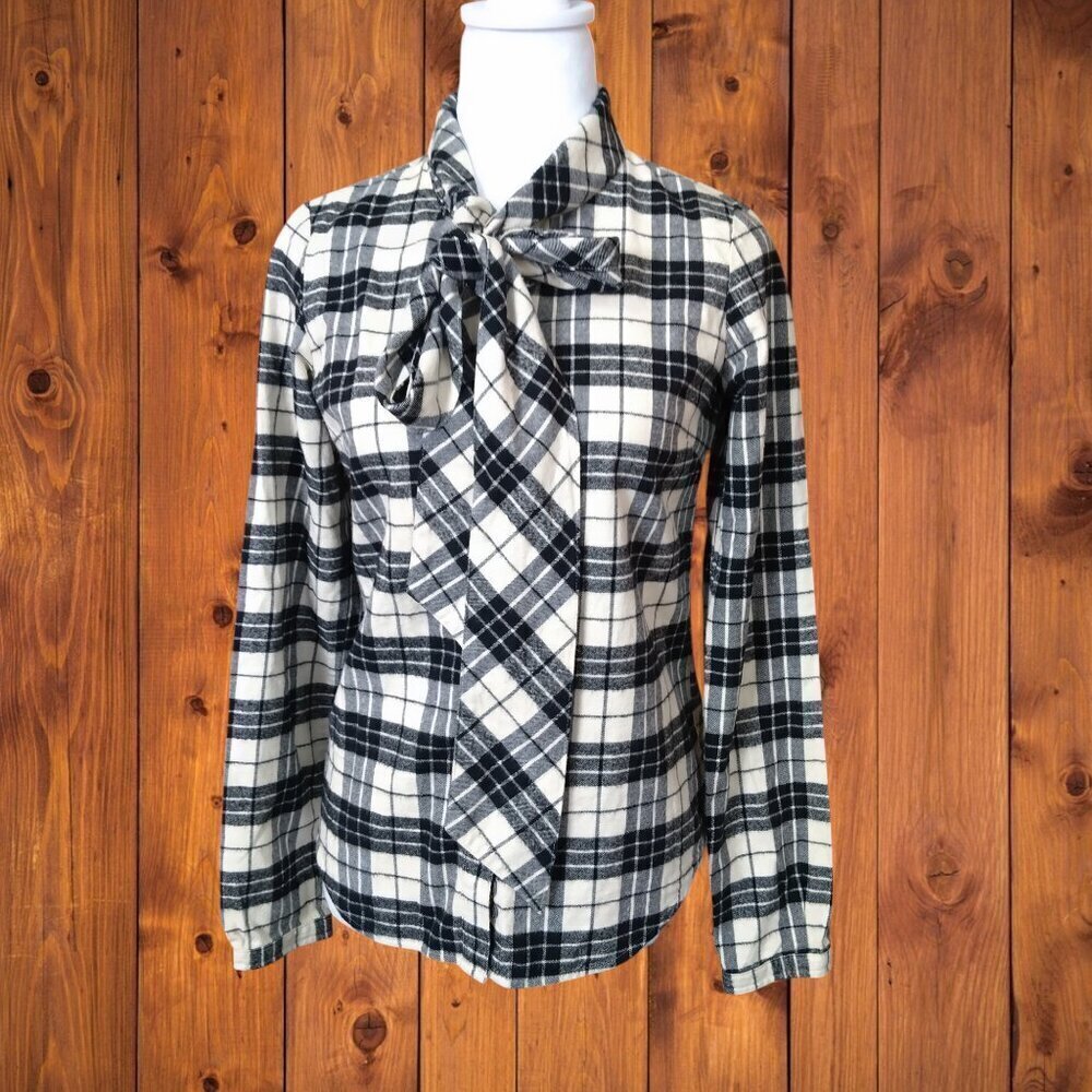 Giordano Black White Button Front Plaid Blouse Tie Neckline Size Small